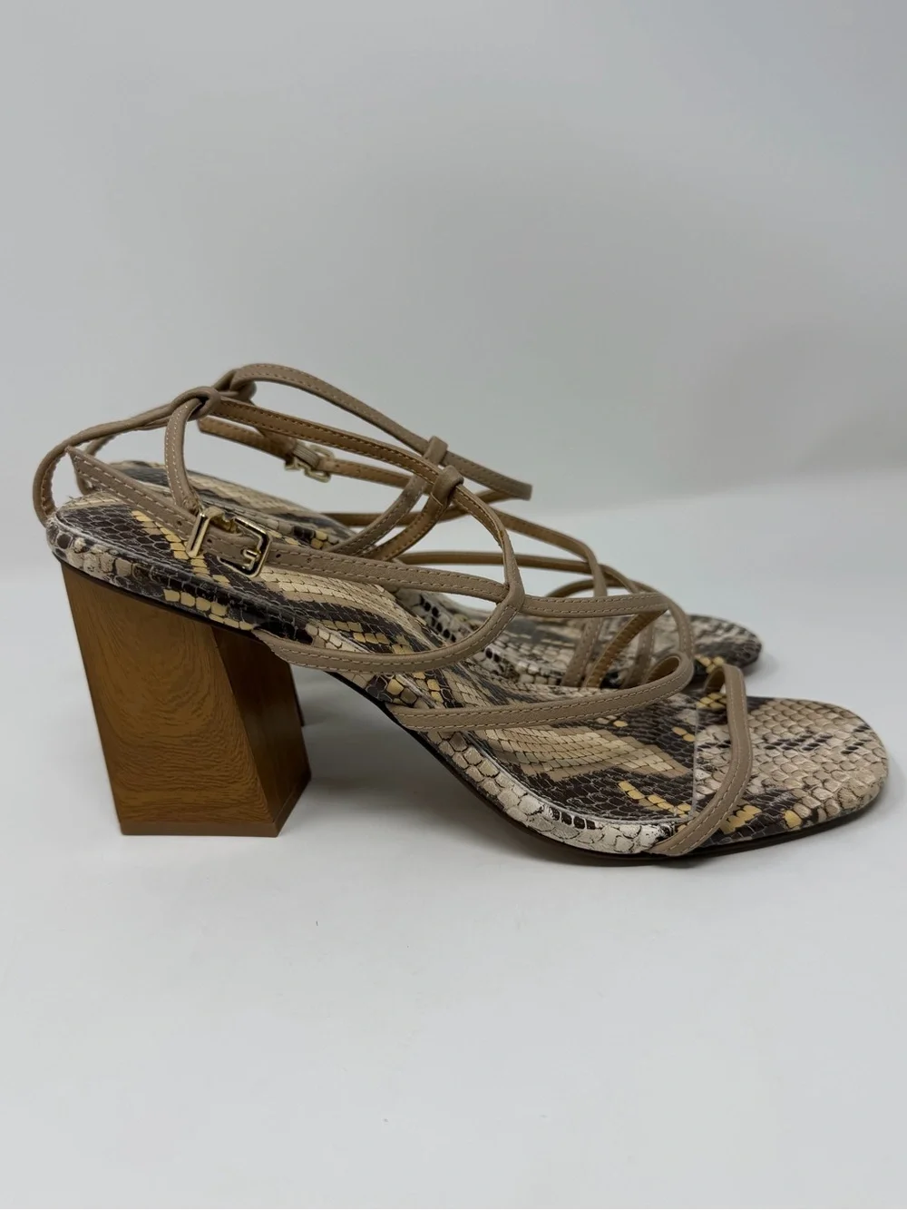 Women's Express Taupe Snakeskin Print Strappy Block Heel Sandals